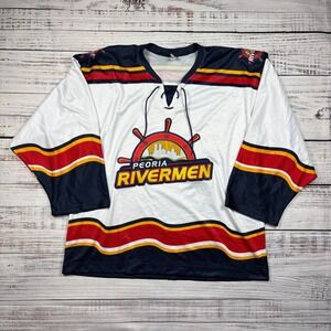 Vintage OT Sports Peoria Rivermen Hockey Jersey Polyester White Size Large